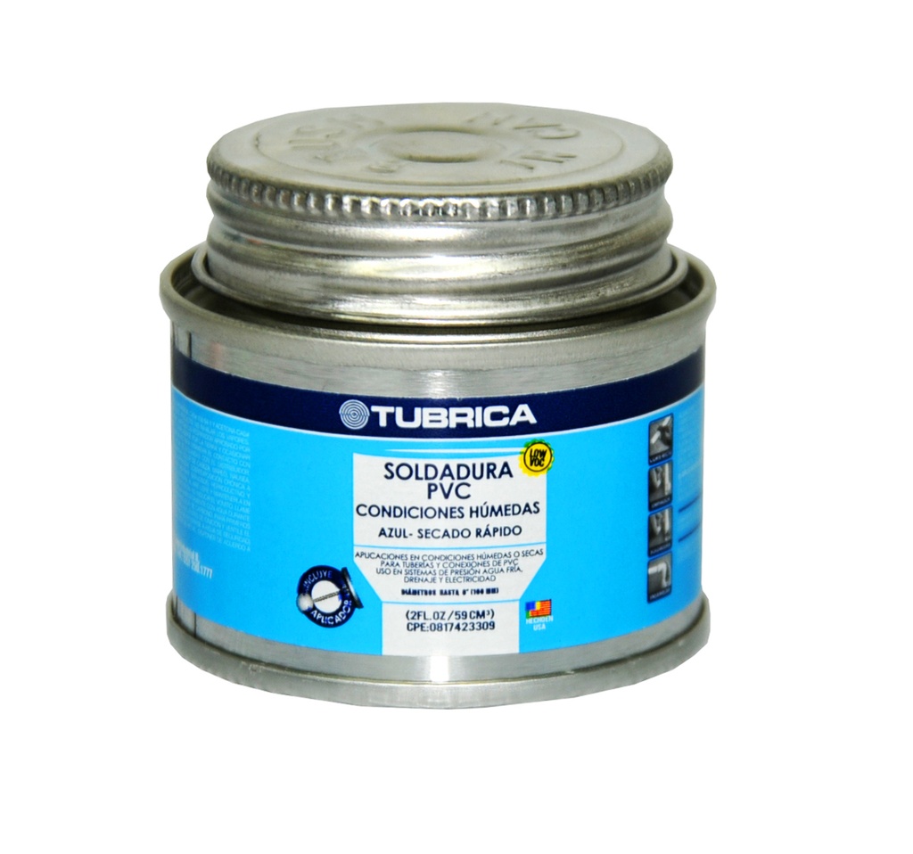 SOLDADURA PARA PVC CONDICIONES HUMEDA 1/64 GAL. / 59 ML AZUL-SECADO RAPIDO COD.7590021226419 TUBRICA