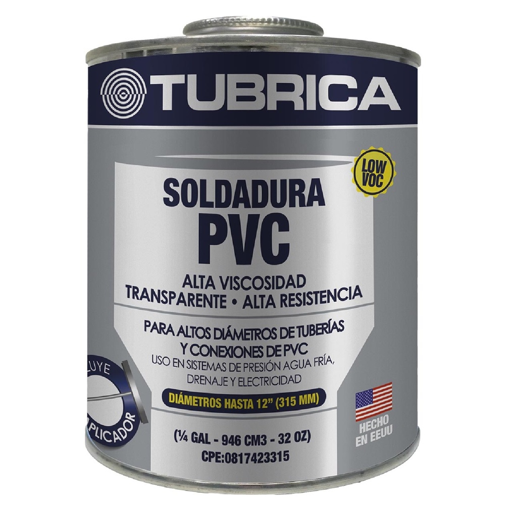 SOLDADURA PARA PVC DE 1/4 GAL. ALTA VISCOSIDAD COD. 226365 REF. 22-43-024 MARCA TUBRICA