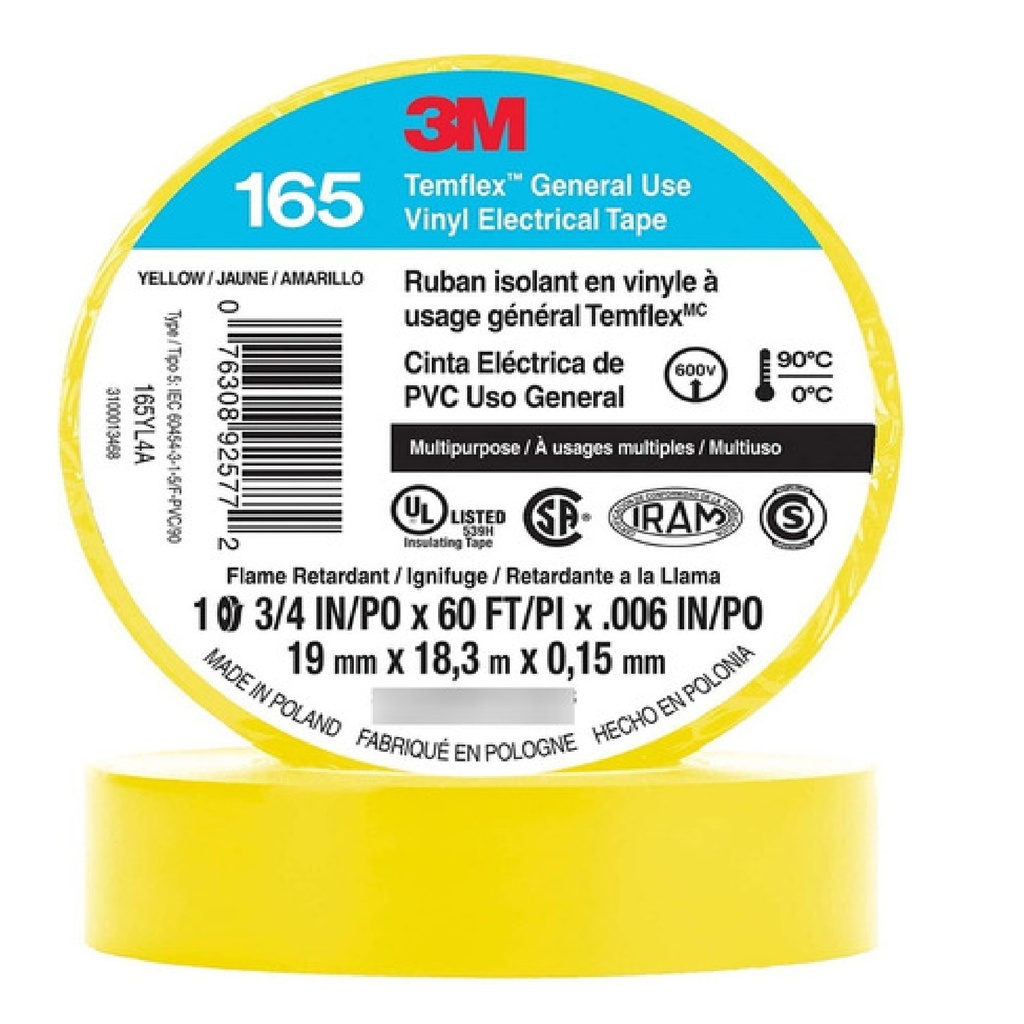 TAPE O CINTA ELECTRICA DE VINIL 3/4" X 18 MTS PROFESIONAL USO GENERAL REF. 165 COLOR AMARILLO 3M
