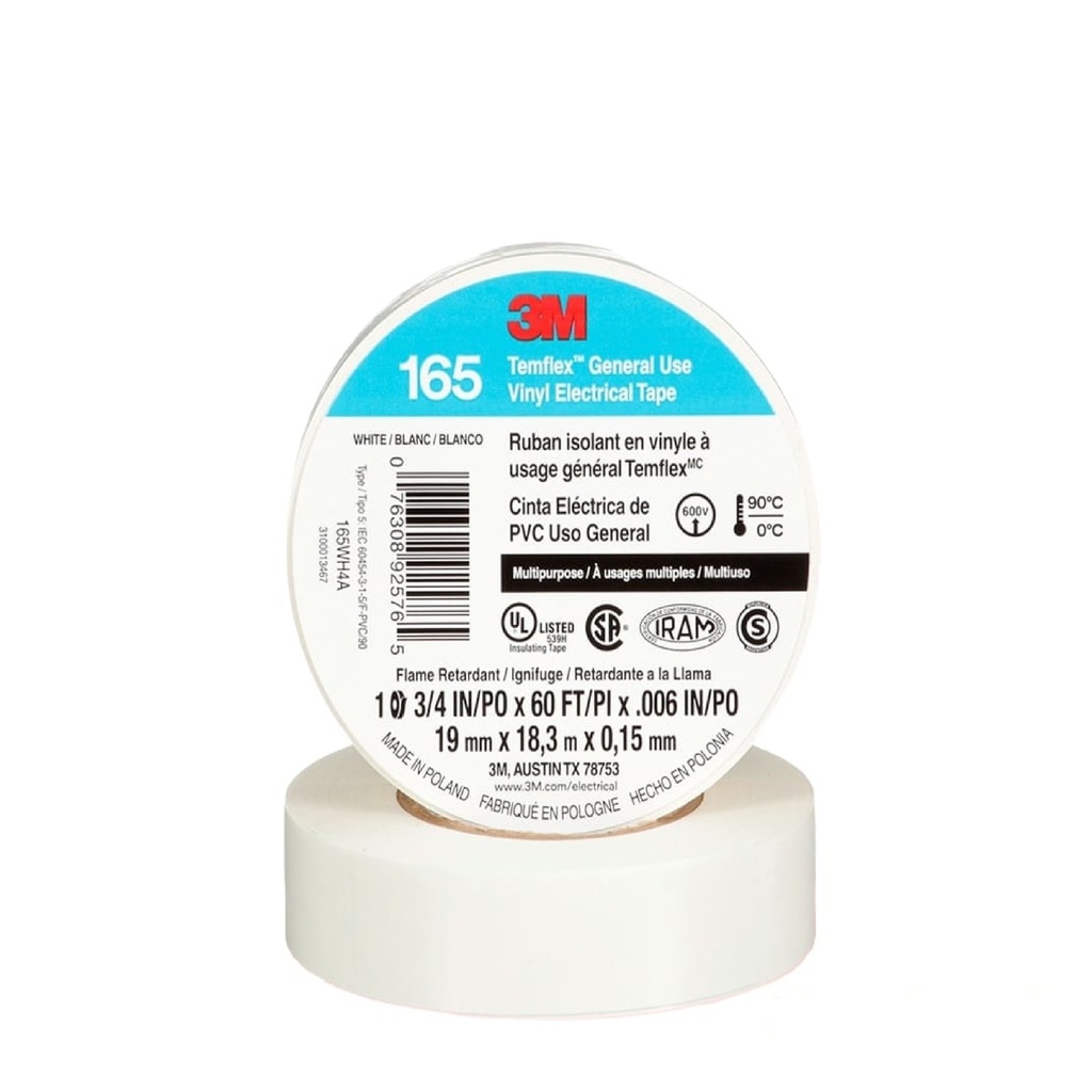 TAPE O CINTA ELECTRICA DE VINIL 3/4" X 18 MTS PROFESIONAL USO GENERAL REF.165B COLOR BLANCO MARCA 3M