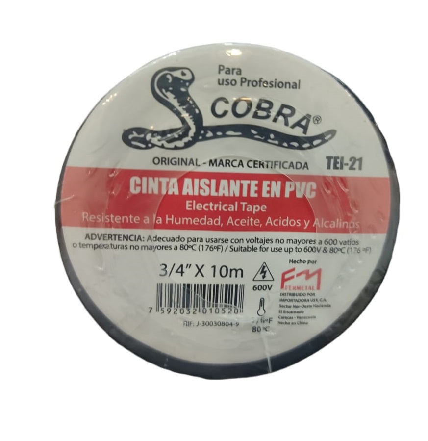 TAPE O CINTA ELECTRICA DE VINIL COLOR NEGRO 3/4" X 10 MTS COBRA REF. TEI-21 MARCA FERMETAL