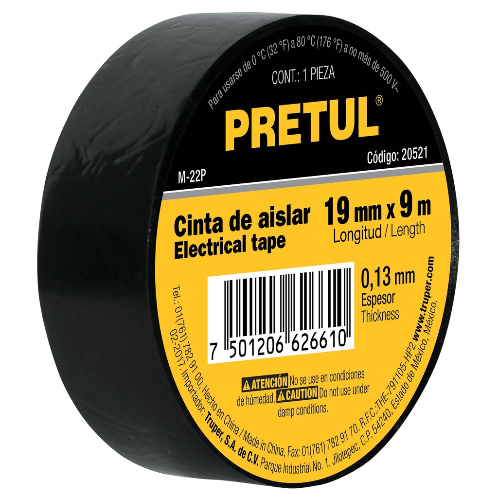 TAPE O CINTA ELECTRICA DE VINIL PROF. NEGRO 3/4 X 9 MTS MOD. M-22P REF.20521 MARCA PRETUL