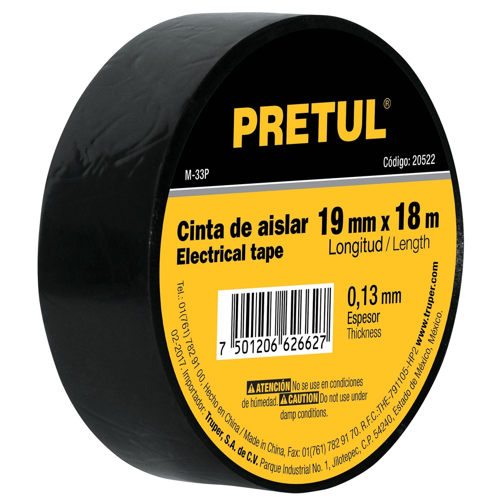 TAPE O CINTA ELECTRICA DE VINIL PROF. NEGRO 3/4 X 18 MTS MOD. M-33P REF.20522 MARCA PRETUL