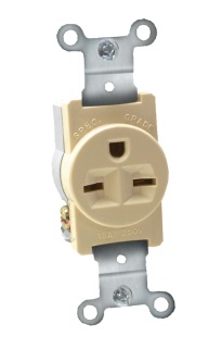 TOMA SENCILLA C/TIERRA 2 POLOS 15 AMP 125 V BAKELITA MARFIL REF. KOB-091 MARCA KOBY