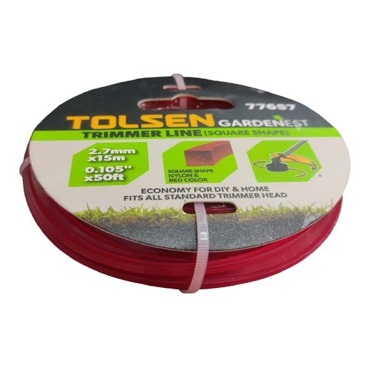[NYL-TOL-77657] NYLON CUADRADO PARA PODADORA 2.7 MM X 15 MTS ROJO REF. 77657 MARCA TOLSEN