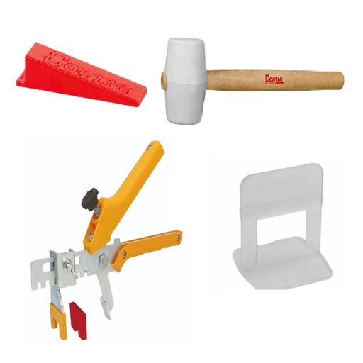 [KIT-COR-NIVELACION] KIT 2 ALICATE P/ BALDOSA + CUÑAS (1200 UN) + ESPACIADOR 0.5MM (2000 UN) + MARTILLO 60 MM CORTAG RT