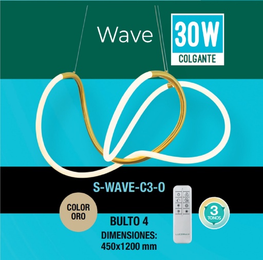 [LAM-LUC-S-WAVE-C3-O] LAMPARA COLGANTE 3 WAVE STYLE 30W 3 TONOS 110-260V C/CONTROL C/ ORO REF S-WAVE-C3-O / 506842 LUCERNA