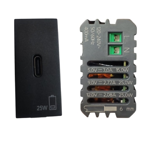 [TOM-VIM-09292.C.25.CM] TOMA USB C ALIMENTACION PD 12 V 25W CARBON MATT SERIE NEVE REF. 09292.C.25.CM MARCA VIMAR
