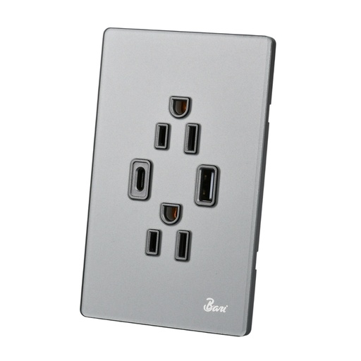 [TOM-BAR-INT.13.11] TOMA CORRIENTE DOBLE + USB + C SERIE GRIGIO COLOR GRIS BRILLANTE REF. INT.13.11 MARCA BARI