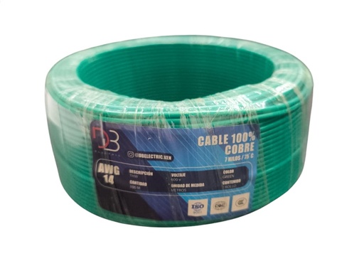 [CAB-CBD-10074] CABLE THW NRO. 10 AWG 75°C 600V / COLOR VERDE ROLLO 100 MTS MARCA DB ELECTRIC