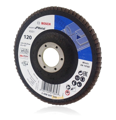 [DIS-BOS-879266] DISCO FLAP 4 1/2" X 22.23 MM GRANO 120 P/METAL EXPERT CURVO REF. 607346 / 879266 MARCA BOSCH