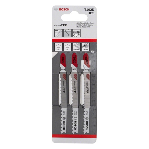 [HOJ-BOS-2608667520] JUEGO DE HOJA DE SIERRA CALADORA CORTE / PLASTICO T102D ( 3 PZAS) REF. 2608667520 / COD. 783743 REF. 876785 MARCA BOSCH