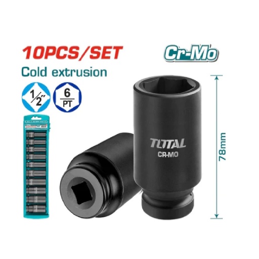 [JUE-TOT-THKISD12102L] JUEGO DE DADOS 10 PZAS LARGOS DE IMPACTO DE 1/2" ( 10MM - 24MM) REF. THKISD12102L MARCA TOTAL TOOLS