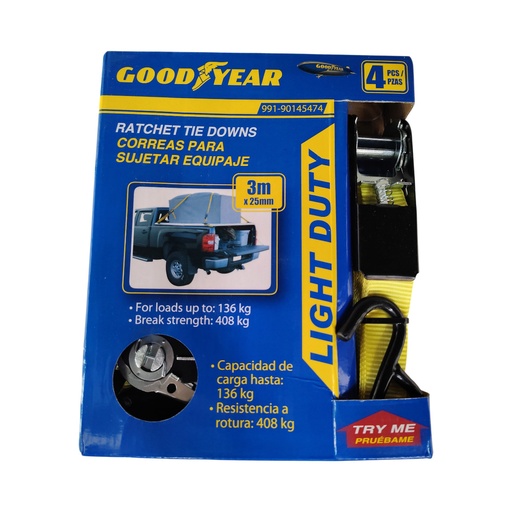 [COR-GOO-991-90145474] CORREA AMARRE C/RATCHET (CINCHO) DE 1" X 3 MTS HASTA 136 KG 4UND REF 991-90145474 / 800145 GOOD YEAR
