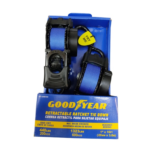 [COR-GOO-991-2306194] CORREA AMARRE C/RATCHET (CINCHO) DE 1" X 3MTS HASTA 200 KG 2PZAS RETRACTIL REF 991-2306194 GOOD YEAR