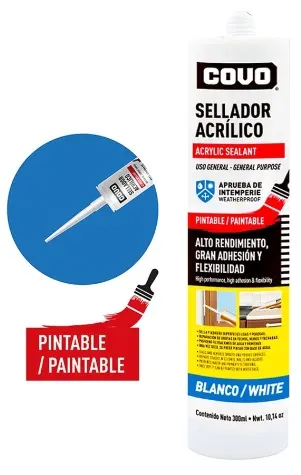 [SEL-COV-CV-ASG480] SELLADOR ACRILICO BLANCO CARTUCHO DE 300ML PINTABLE REF. CV-ASG480 / 9233 MARCA COVO
