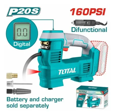 [COM-TOT-TACLI2012] COMPRESOR DE AIRE INAL. P/ CARROS 20V 160PSI 35L/M C/ PANT. DIG. / LUZ LED / 3 ADAP. S/BAT. NI CARG. REF. TACLI2012 / 768881 MARCA TOTAL TOOLS
