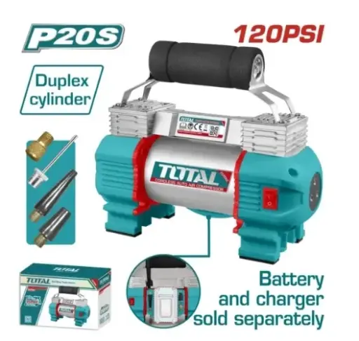 [COM-TOT-TACLI2026] COMPRESOR DE AIRE INALAMBRICO PARA CARROS 20 V 120 PSI 45 L/M C/ 4 ADAP.+BOLSO S/ BAT. NI CARG. REF. TACLI2026 / 804054 MARCA TOTAL TOOLS 