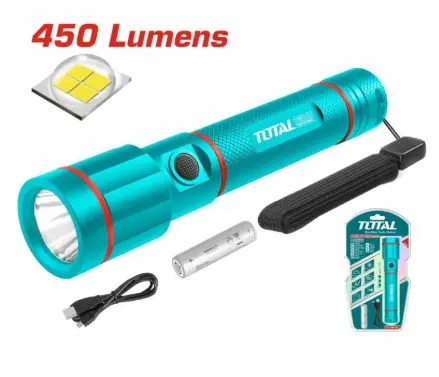 [LIN-TOT-TCFL1865051] LINTERNA LED 450LM 34X141MM 219MTS 18HRS RECAR. C/ BAT. LITIO 3.7 V + CAB. USB REF. TCFL1865051 / 867067 MARCA TOTAL TOOLS
