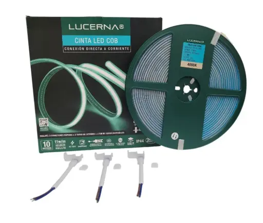 [CIN-LUC-CINTACOB10M4K] CINTA LED TIPO COB 10MM 10MTS LUZ SEMICALIDA 4000 K 120 V IP44 11W/M 950 L/M DIMERIZABLE CON 3 CONECTORES + 3 TAPAS REF. CINTACOB10M4K / COD. 93079093 MARCA LUCERNA