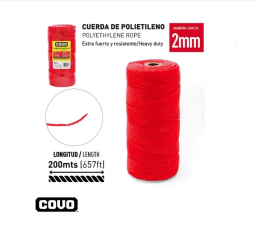 [MEC-COV-CV-F200-RD] CORDEL / MECATILLO / CUERDA SINTETICO DE POLIETILENO 2MM COLOR ROJO ( ROLLO 370 GR ) ( 200 MTS ) REF. CV-F200-RD COD. 12495 MARCA COVO