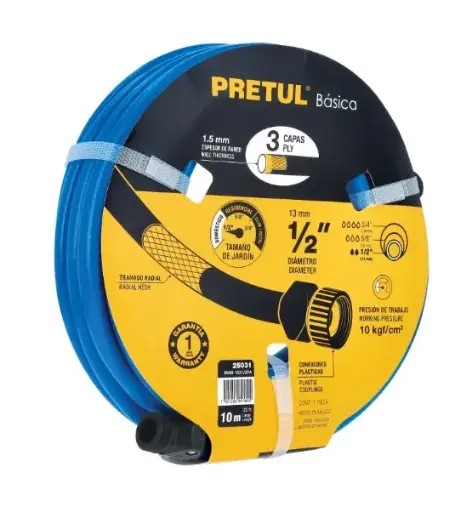 [MAN-PRE-25031] MANGUERA CULEBRA 1/2" X 10 MTS REFORZADA 3 CAPAS C/CONEXIONES PLASTICAS MOD. MAN-10X1/2PA REF. 25031 MARCA PRETUL
