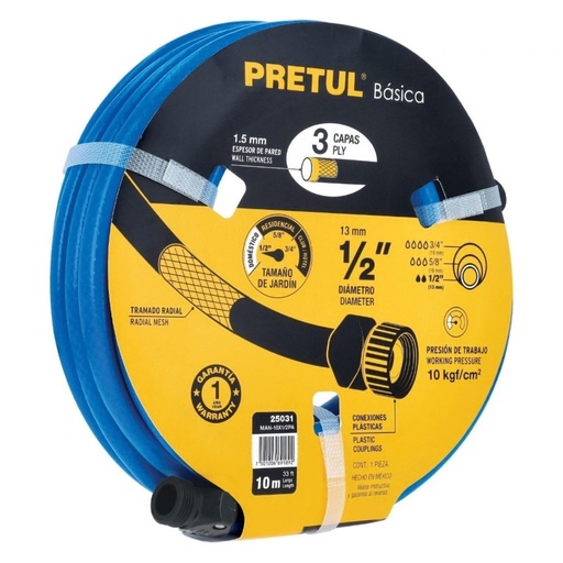 [MAN-PRE-25031] MANGUERA CULEBRA 1/2" X 10 MTS REFORZADA 3 CAPAS C/CONEXIONES PLASTICAS MOD. MAN-10X1/2PA REF. 25031 MARCA PRETUL