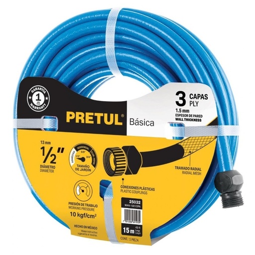 [MAN-TRU-25032] MANGUERA CULEBRA 1/2" X 15 MTS REFORZADA 3 CAPAS C/CONEXIONES PLASTICAS MOD. MAN-15X1/2PA REF. 25032 MARCA PRETUL