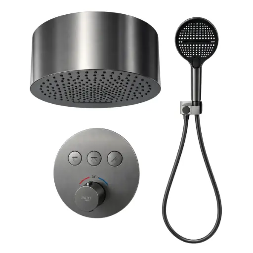 [KIT-ZAX-JZ-5250] KIT DE DUCHA MONOMANDO REDONDA TERMOSTATICA 3 FUNCIONES (ROSCA G 3/4") COLOR GRIS PLOMO COD. JZ-5250 REF. 13-0138 MARCA ZAXON