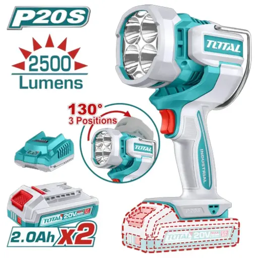 [LIT-TOT- UTWLI20887] LINTERNA INALAMBRICA 20 V 22.5 W 3 NIVELES DE INTENSIDAD ( 2500 LM - 1400 LM - 800 LM) GIRO 130° C/ 2 BATERIA 2.0 Ah + CARGADOR REF. UTWLI20887 MARCA TOTAL TOOLS