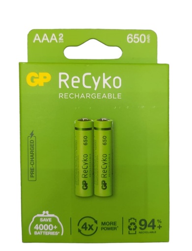 [BAT-GP-GPRHCH63E023] BATERIA / PILA RECARGABLE AAA MOD- GP65AAAHCE-2EB2 ( PACK - 02 UND) 650 MAH REF. 186677 MARCA GP