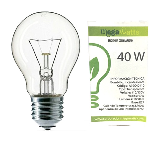 [BOM-MEG-A19C40110] BOMBILLO INCANDESCENTE 40 W EQUIVALENTE 60 W E27 REF. A19C40110 MARCA MEGAWATT