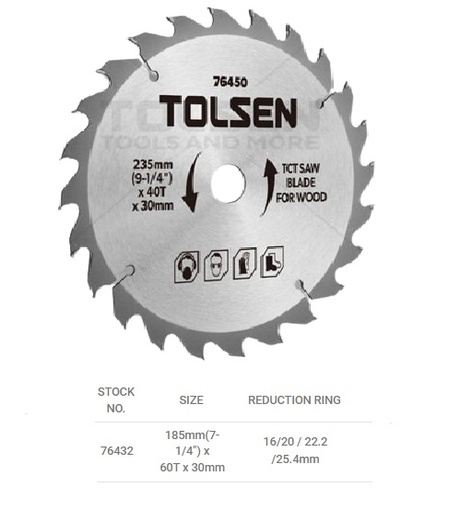 [DIS-TOL-76432] DISCO DE SIERRA TCT PARA MADERA 7 1/4" 185MM X 30 MM X 60 DIENTES REF. 76432 MARCA TOLSEN