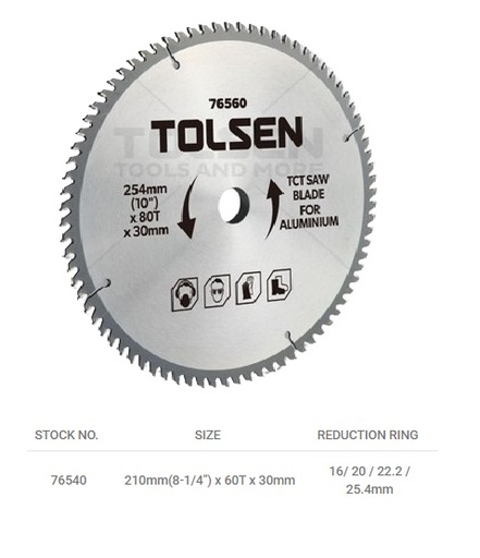 [DIS-TOL-76540] DISCO DE SIERRA TCT PARA ALUMINIO 8 1/4" 210 MM x 30 MM x 60 DIENTES REF. 76540 MARCA TOLSEN