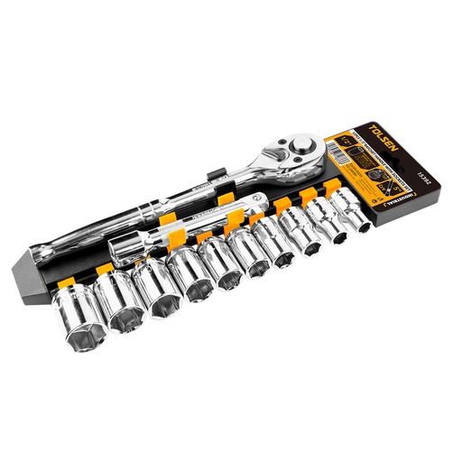 [JUE-TOL-15392] JUEGO DE DADOS 12 PZAS RATCHET DE 1/2" ( 15/16" + 3/8 ") + BARRA EXT. 5" REF. 15392 MARCA TOLSEN