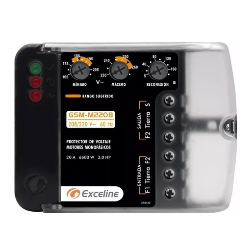 [PRO-EXC-GSM-M220B] PROTECTOR DE VOLTAJE P/ MOTORES MONOFASICOS 220 VAC REF. GSM-MB / GSM-M220B/3/ 003808 MARCA EXCELINE