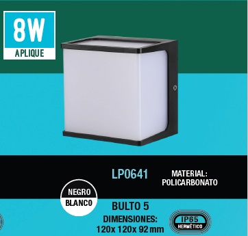 [APL-LUC-LP0641] APLIQUE DECORATIVO 8 W 3000K 120 X 120 X 92 MM IP65 ALUMINIO NEGRO 100 - 240 V REF. LP0641 LUCERNA