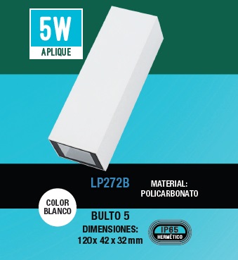 [APL-LUC-LP272B] APLIQUE DECORATIVO 5 W 3000K 120 X 42 X 32 MM IP65 110 -240 V ALUMINIO BLANCO REF. LP272B LUCERNA