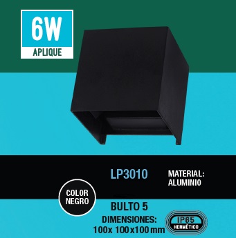 [APL-LUC-LP3010] APLIQUE DECORATIVO 6 W 3000K 100 X 100 X 100MM IP65 ALUMINIO NEGRO 100 - 240 V REF. LP3010 LUCERNA