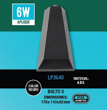 [APL-LUC-LP3640] APLIQUE DECORATIVO 3 W + 3W 3000 K 178 X 110 X 62 MM IP65 PVC NEGRO 100-240 V REF. LP3640 LUCERNA