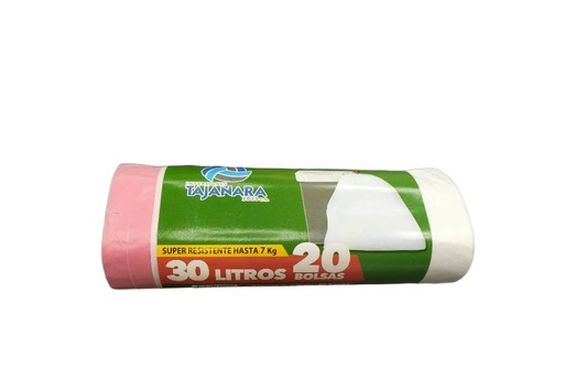 [BOL-TAJ-300020] BOLSA PLASTICA BLANCA CON AMARRE 30 LITROS PAQ. 20 UNDS (50 X 65 CM X16MIC) 7 KG MARCA TAJANARA