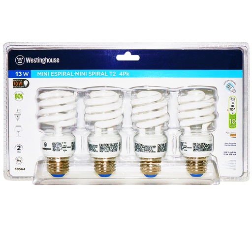 [BOM-WES-4X13W-LB] BOMBILLO MINI ESPIRAL T2 / 4 X 13 W 6400 K ( BLISTER DE 4 UND) REF. 39563 MARCA WESTINGHOUSE