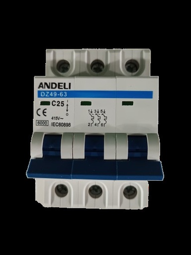[BRE-AND-CON02020] BREAKER TERMOMAGNETICO DE 3 X 25 AMP C CURVE MOD. DZ49-63 REF.CON02020 MARCA ANDELI