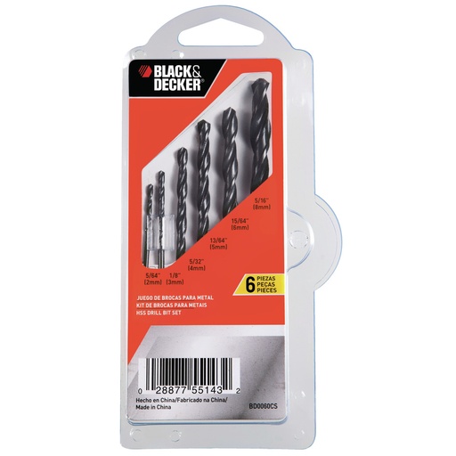 [BRO-BYD-BD0060CS] JUEGO DE BROCAS PARA METAL HSS 6 PZAS 5/64" - 5/16" REF.BD0060CS MARCA BLACK&DECKER
