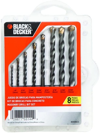 [BRO-BYD-BD0080CS] JUEGO DE BROCAS PARA CONCRETO 8 PZAS 1/8" - 25/64" REF. BD0080CS MARCA BLACK&DECKER
