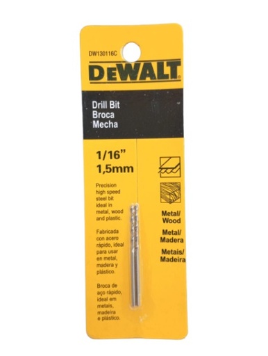 [BRO-DEW-DW130116C] BROCA / MECHA DE ACERO HSS 1/16" PARA METAL Y MADERA (2 POR EMPAQUE) REF DW130116C / MEC-708 DEWALT