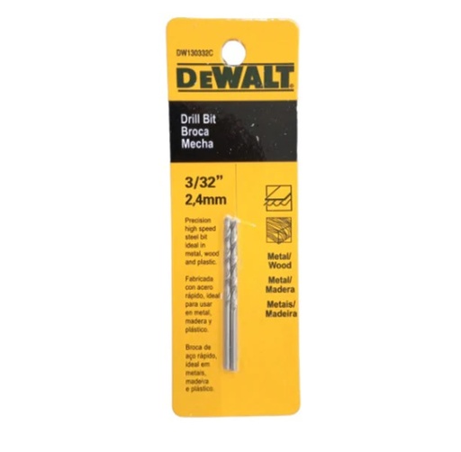 [BRO-DEW-DW130332C] BROCA / MECHA DE ACERO HSS 3/32" PARA METAL Y MADERA (2 POR EMPAQUE) REF DW130332C / MEC-712 DEWALT