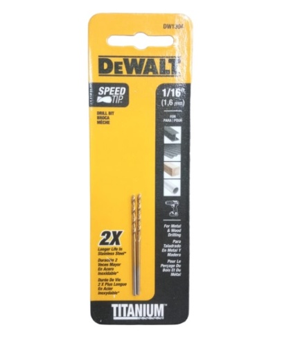 [BRO-DEW-DW1304] BROCA DE TITANIO 1/16" SPEED PARA METAL - MADERA - PVC ( 2 POR EMPAQUE) REF. DW1304 MARCA DEWALT