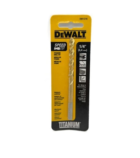 [BRO-DEW-DW1316] BROCA DE TITANIO 1/4" SPEED PARA METAL - MADERA - PVC REF. DW1316 MARCA DEWALT
