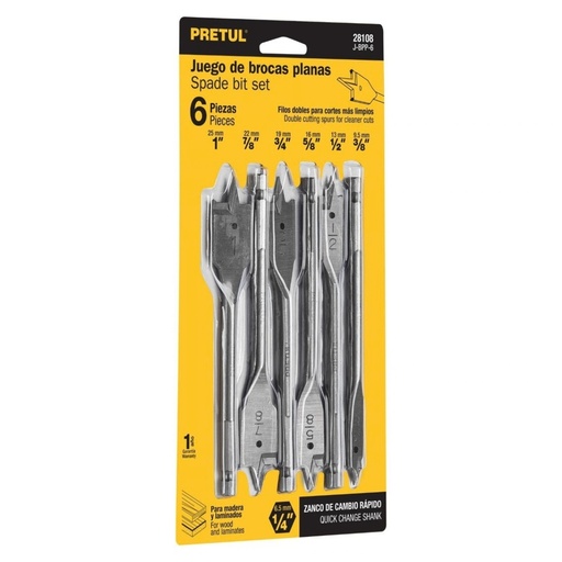 [BRO-PRE-28108] JUEGO DE BROCAS PALA 6 PZAS PARA MADERA MOD. J-BPP-6 REF. 28108 MARCA PRETUL
